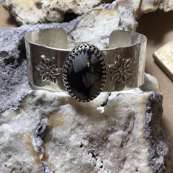 Bracelet, Snowflake Obsidian and Sterling Silver Cuff Bracelet, NEW, Handmade, A - Picture 8 of 8
